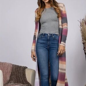 MUAVE STRIPED OPEN FRONT LONG CARDIGAN